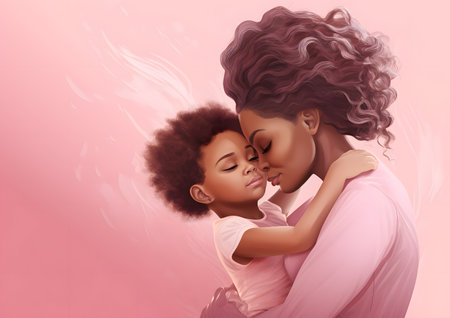 A black mother is tenderly holding her baby in her arms against a pink background.の素材