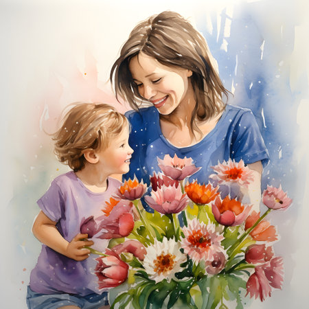 A daughter presents a vibrant bouquet to her mother, celebrating Mothers Day with a warm, tender moment of affection.の素材