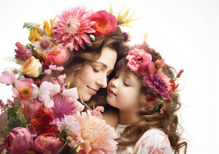 A mother and daughter share a tender moment, surrounded by vibrant watercolor flowers to celebrate Mothers Day, symbolizing love and appreciation.の素材