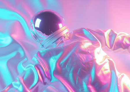 A luminous holographic astronaut floats ethereally against a backdrop of smoothly transitioning, vivid colors.の素材