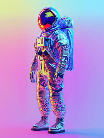 A stunning 3D rendering of a holographic astronaut stands out with its reflective suit, set against a captivating gradient consisting of pink and blue hues.の素材