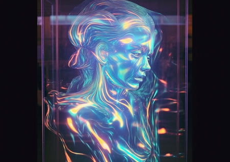 A serene figure of a woman comprised of water-like, holographic textures, displaying a colorful and vivid iridescence across her closed-eyed visage and shoulders.の素材