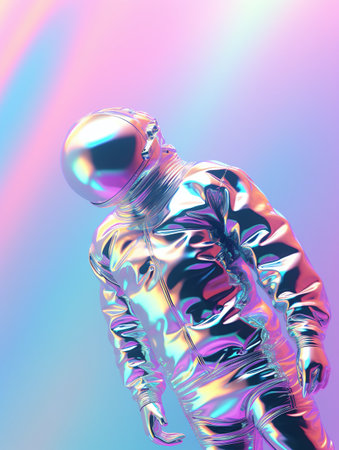 A stunning 3D rendering of a holographic astronaut stands out with its reflective suit, set against a captivating gradient consisting of pink and blue hues.の素材