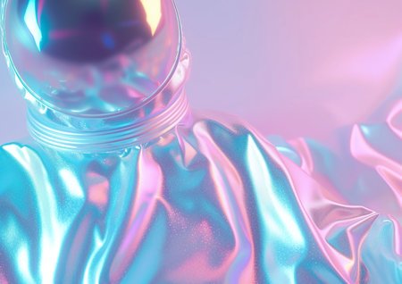 A radiant holographic portrait of an astronaut dominates the frame, set against a mesmerizing gradient of blue and purple tones that evoke a sense of futuristic exploration.の素材