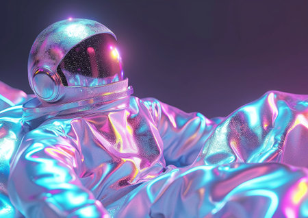 A luminous holographic astronaut floats ethereally against a backdrop of smoothly transitioning, vivid colors.の素材
