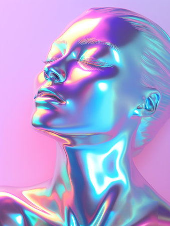 A holographic woman appears in serene contemplation against a soft, pink and blue gradient backdrop, providing a tranquil and futuristic visual.の素材