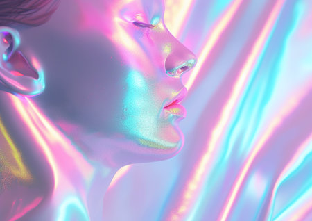 A side view of a woman bathed in holographic light, creating a vibrant, futuristic effect against a soft gradient backdrop with ample copy space.の素材