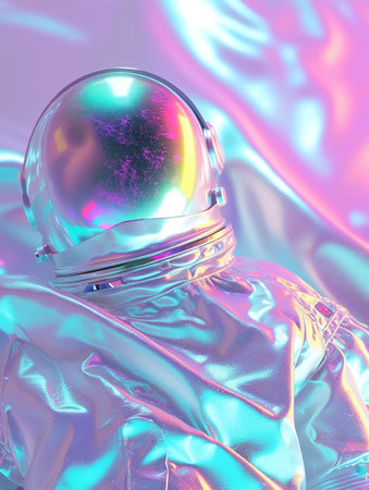 A holographic rendering of an astronaut exudes a futuristic aura with a multicolored gradient backdrop, capturing the imaginative essence of space exploration.の素材