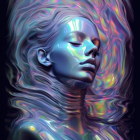A serene figure of a woman comprised of water-like, holographic textures, displaying a colorful and vivid iridescence across her closed-eyed visage and shoulders.の素材