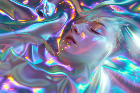 A surreal depiction of a woman rendered in holographic shades of blue and orange, giving the illusion of fluid water.の素材