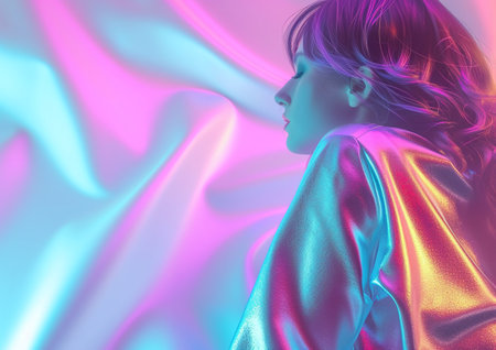A side view of a woman bathed in holographic light, creating a vibrant, futuristic effect against a soft gradient backdrop with ample copy space.の素材