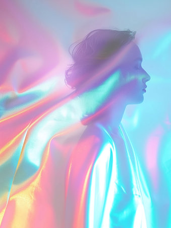 A woman appears in a holographic effect, her profile casting vibrant colors across a smooth gradient backdrop.の素材