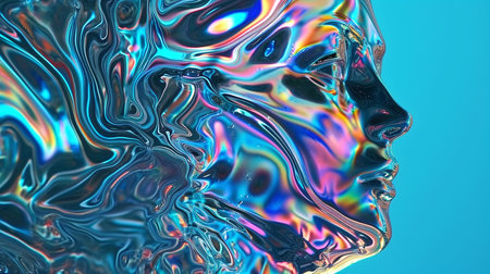 A serene figure of a woman comprised of water-like, holographic textures, displaying a colorful and vivid iridescence across her closed-eyed visage and shoulders.の素材