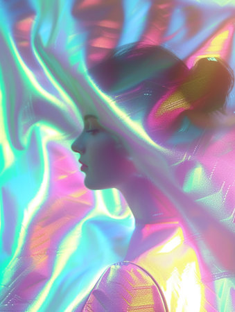 A side view of a woman bathed in holographic light, creating a vibrant, futuristic effect against a soft gradient backdrop with ample copy space.の素材