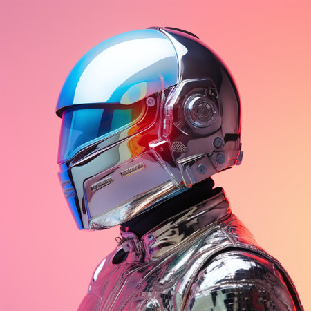 A holographic rendering of an astronaut clad in a spacesuit, set against a soft pink backdrop, reflecting a futuristic and ethereal ambiance.の素材