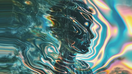 A serene figure of a woman comprised of water-like, holographic textures, displaying a colorful and vivid iridescence across her closed-eyed visage and shoulders.の素材