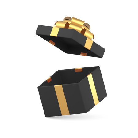 Black flying luxury gift box with open lid and golden bow ribbon 3d icon realistic vector illustration. Fashion trendy wrapped squared present package empty container male holiday greeting congratsのイラスト素材