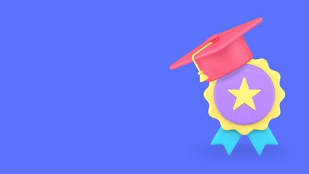 Education medal with graduation hat learning studying banner with copy space 3d icon realistic vector illustration. High school college university success reward degree knowledge award ceremonyのイラスト素材