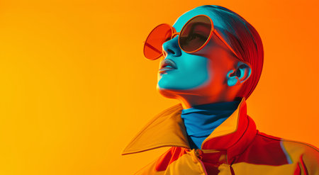 A fashion-forward woman wearing vibrant sunglasses paired with a trendy yellow jacket.の素材