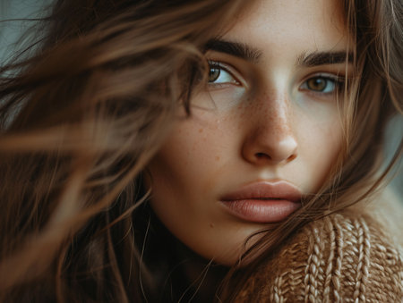 Detailed view of a woman with flowing, long hair. Her hair cascades down, framing her face in a close-up shot.の素材