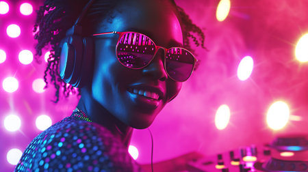 A smiling woman DJ takes over the summer party scene, wearing sunglasses and headphones as vibrant neon lights cast a glow on the festivities. Her joy and energy invite celebration and dance.の素材