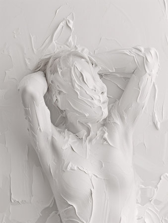 White acrylic paint strokes blend on canvas to form the silhouette of a womans body, creating a unique and abstract piece of art.の素材