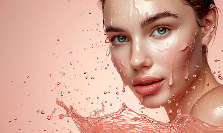 A womans face is drenched in water droplets, reflecting light and creating a shimmering effect against a smooth background.の素材