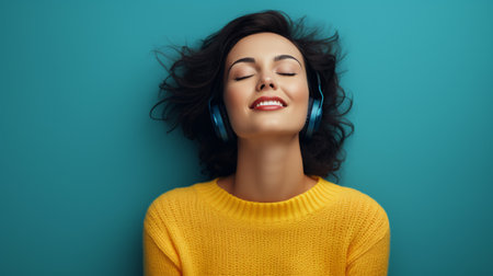 A serene young woman with brunette hair closed her eyes to savor the sound of music through her headphones, complementing her casual yellow attire and the monochrome backdrop.の素材