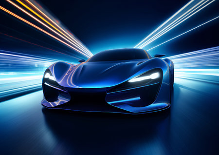 The dynamic front view of a sleek blue concept sports car captures its high-speed motion with blurred lights streaking past, taken from a low angle at twilight, illustrating the vehicles cutting-edge design and aerodynamic features.の素材