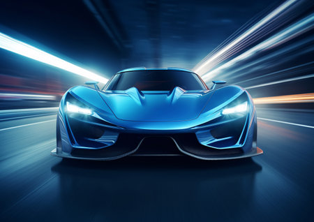 The dynamic front view of a sleek blue concept sports car captures its high-speed motion with blurred lights streaking past, taken from a low angle at twilight, illustrating the vehicles cutting-edge design and aerodynamic features.の素材