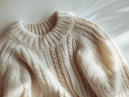An elegant womens sweater is captured mid-air against a soft neutral backdrop, showing the garments texture and style with a sense of weightlessness.の素材