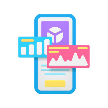 Business analyzing statistic report monitoring smartphone application 3d icon realistic vector illustration. Web dashboard control brainstorming result checking graph diagram chart mobile phone appのイラスト素材