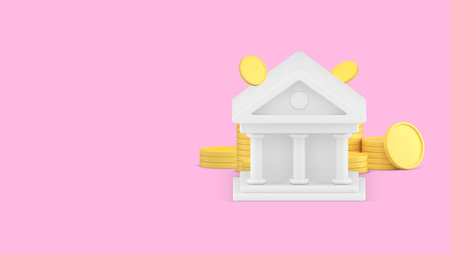 Bank office building financial money management service banner copy space 3d icon realistic vector illustration. Banking architecture with golden coin business finance government public departmentのイラスト素材
