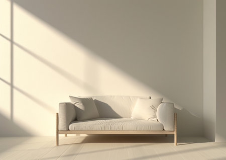 A modern white couch sits on top of a white floor in a minimalist setting.の素材