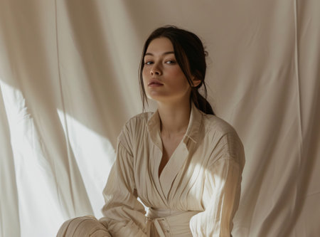 A woman dressed in modern, minimalist fashion sits elegantly against a backdrop of soft, neutral-toned drapery, embodying a serene and sophisticated aesthetic.の素材