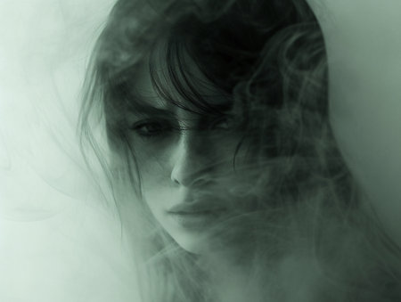 A close-up of a womans face, partially obscured by a swirling layer of fog, revealing her captivating eyes which stand out against the neutral-toned mist, creating an air of mystery and allure.の素材