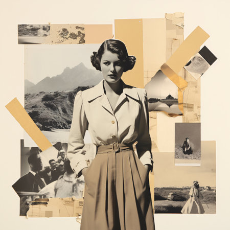 A vintage-inspired collage showcases black and white photographs, rich in historical context, meticulously assembled with fragments of cardboard and old pictures to create a textured, multidimensional art piece.の素材