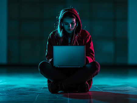 A woman sits cross-legged on the floor, wearing a hoodie and headphones, intently working on a laptop in a dark room illuminated by the blue light from the screen.の素材