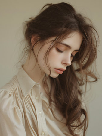 A tranquil young woman stands with her eyes gently closed, showing her flowing hair and the soft texture of her blouse. A sense of peacefulness and introspection is captured as natural light illuminates her delicate features.の素材
