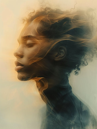 The profile of a person is captured in a delicate, smoke-infused portrayal, with wispy tendrils resembling smoke trails enveloping their features in a dreamy, abstract manner.の素材