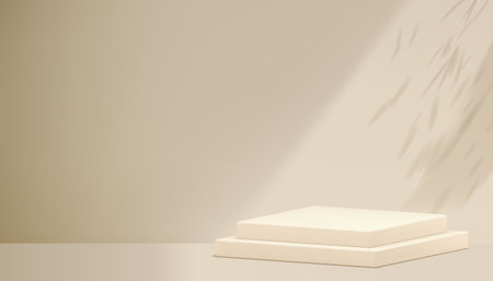 3d neutral squared podium pedestal leaves shadow light wall background display realistic vector illustration. Beige pastel geometric step platform minimalist aesthetic mock up cosmetic product showのイラスト素材