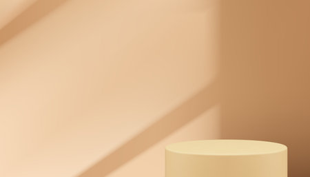 Beige cylinder 3d podium pedestal window light shadow wall background realistic vector illustration. Pastel neutral empty showroom advertising display mock up for cosmetic product showのイラスト素材