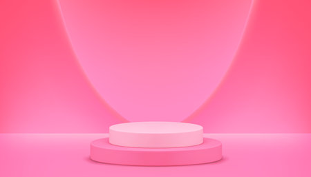 3d pink cylinder podium pedestal abstract curved hole wall background realistic vector illustration. Elegant feminine showroom promo stand mock up for cosmetic beauty product show shopping sale stageのイラスト素材