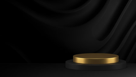 Golden cylinder 3d podium pedestal black wave curtains wall background realistic vector illustration. Luxury elegant round promo stand commercial showroom display dark wavy flow interior product showのイラスト素材