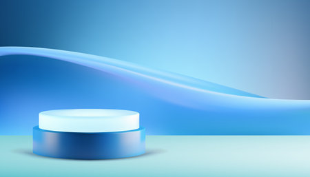 Blue cylinder 3d podium pedestal abstract wave curved flow wall background realistic vector illustration. Modern round geometric stand liquid wavy light mock up for cosmetic product show presentationのイラスト素材