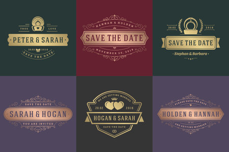 Wedding invitations save the date logos and badges vector elegant templates set. Vintage typography design elements for cards, ornate titles, ornament decorations and wedding symbols.のイラスト素材