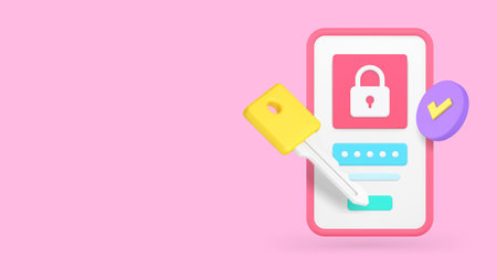 Smartphone app personal account data protection banner copy space 3d icon realistic vector illustration. Mobile phone application private information security encryption key password safety accessのイラスト素材