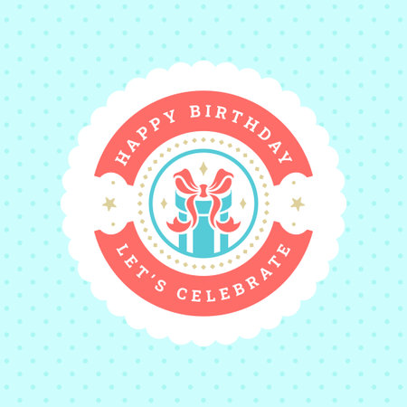 Happy birthday present ribbon vintage greeting card typographic template vector flat illustration. Anniversary age festive holiday celebration old fashioned round curved badge blue polka dot ornateのイラスト素材
