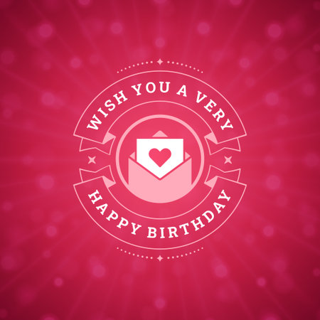 Birthday festive celebration love letter vintage greeting social media post template design vector illustration. Happy birth anniversary congratulations pink glare explosion burst circle ribbonのイラスト素材