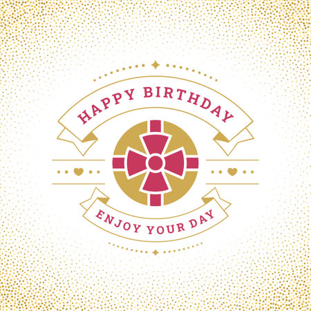 Happy birthday gift box bow ribbon vintage greeting social media post template vector flat illustration. Birth anniversary celebration golden old fashioned polka dots congratulations designのイラスト素材